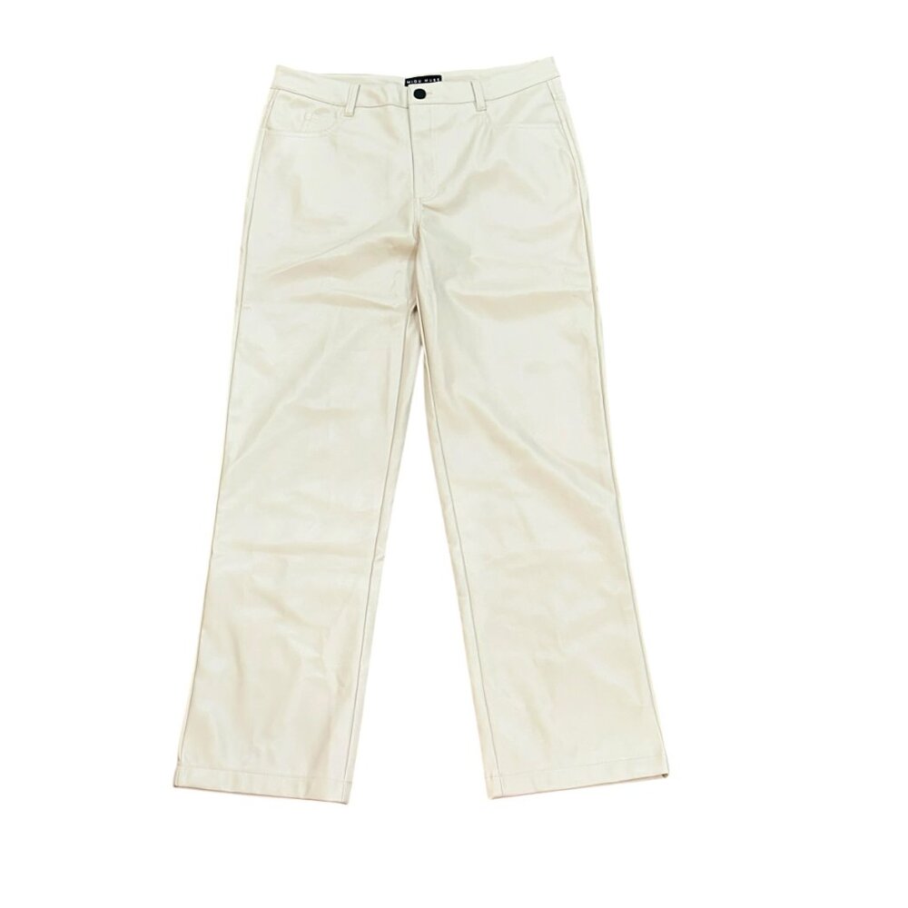 Miou Muse Faux Leather Vegan Cream Long Pants Large Straight Leg High Rise